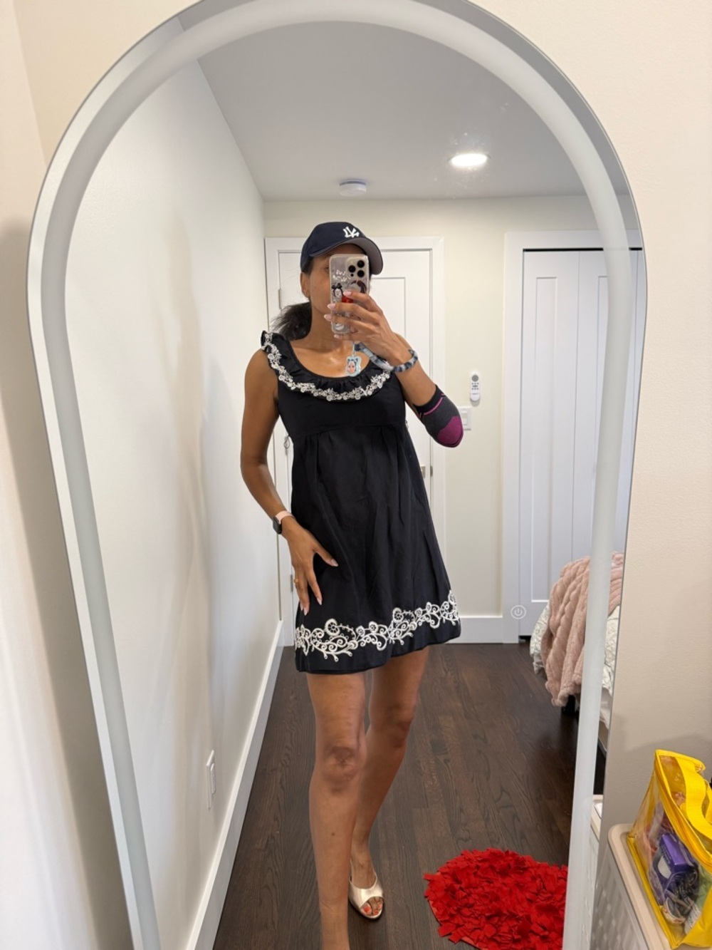 Betsey Johnson y2k Black Mini Dress with Cream Embroidered Trim